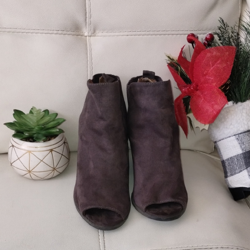Qupid Dark Brown Suede Peep-Toe Booties